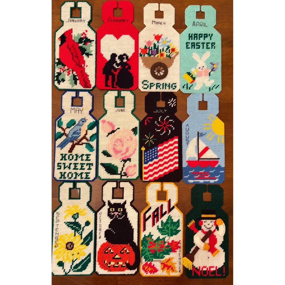 Vintage Handmade Plastic Canvas Door Hangers Set of 12 Monthly Holiday Decor